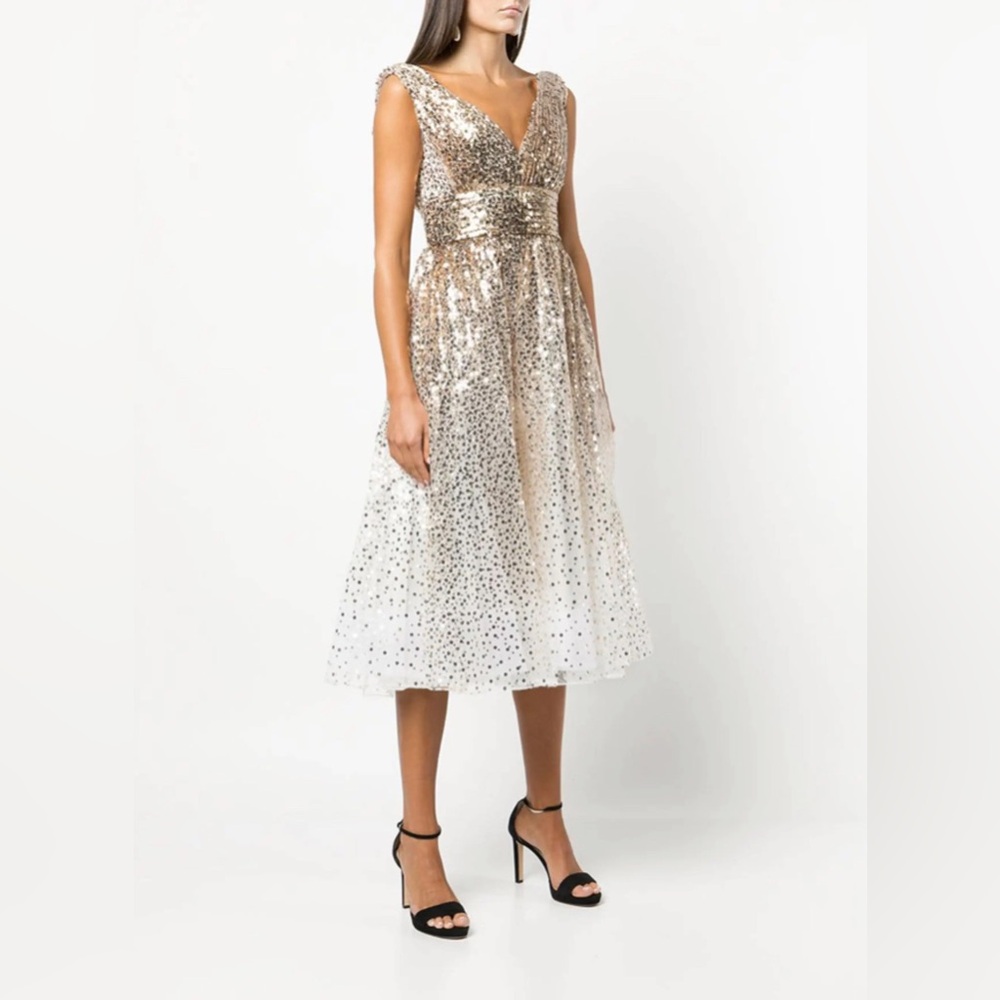 NWT Gorgeous Sparkly Marchesa Notte Gold Nude Sequin V Neck Midi Dress Size 6